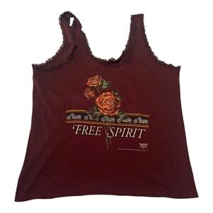 3d emblem women's XL 90s Burgundy Rose Tank Top biker harley lace moto free spir